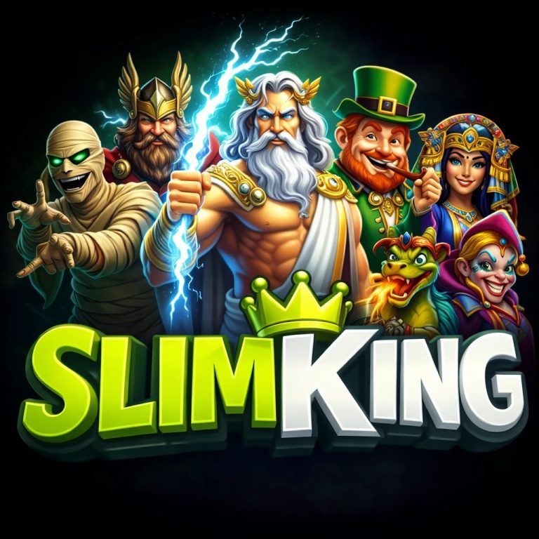 Logo Slimking avec Zeus, momie et personnages de casino.