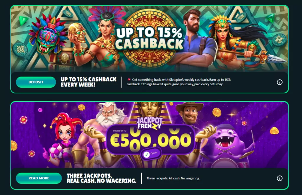 Deux bannières promotionnelles Slotspice Casino pour des bonus.
