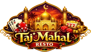Logo de casino Taj Mahal Resto avec jetons et dés