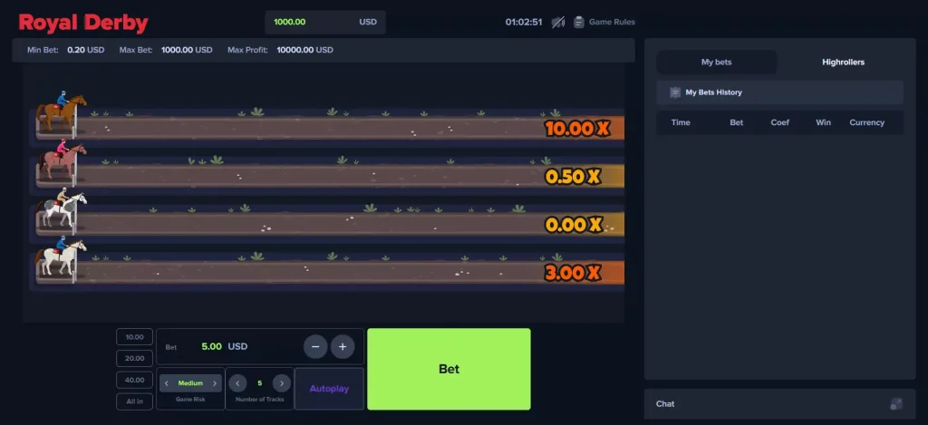Interface du jeu de course hippique Royal Derby en ligne.