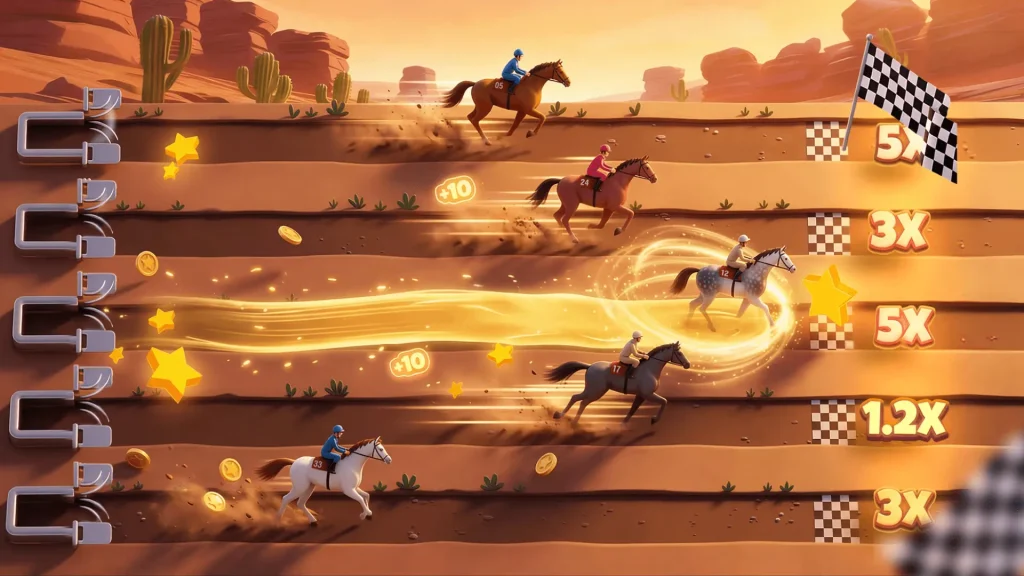 Jeu de course de chevaux avec multiplicateurs de gains.