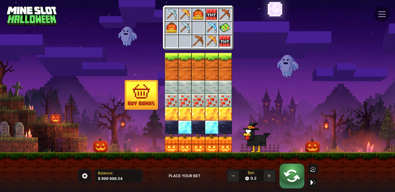 Mine Slot Halloween avec ses colonnes de blocs, la barre d'outils et le bouton Buy Bonus