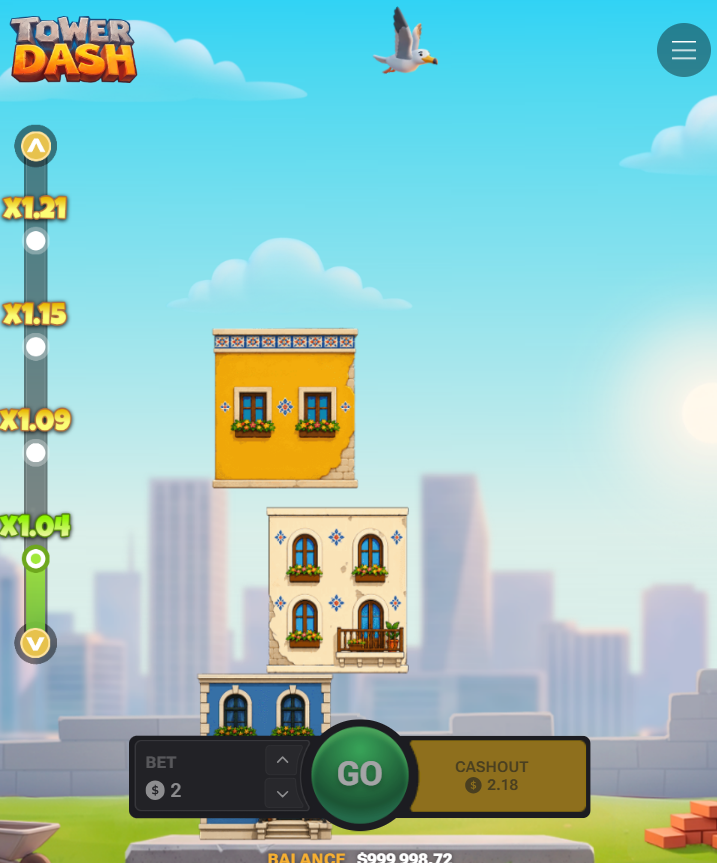 Tower Dash sur mobile en vertical avec les boutons Go et Cashout