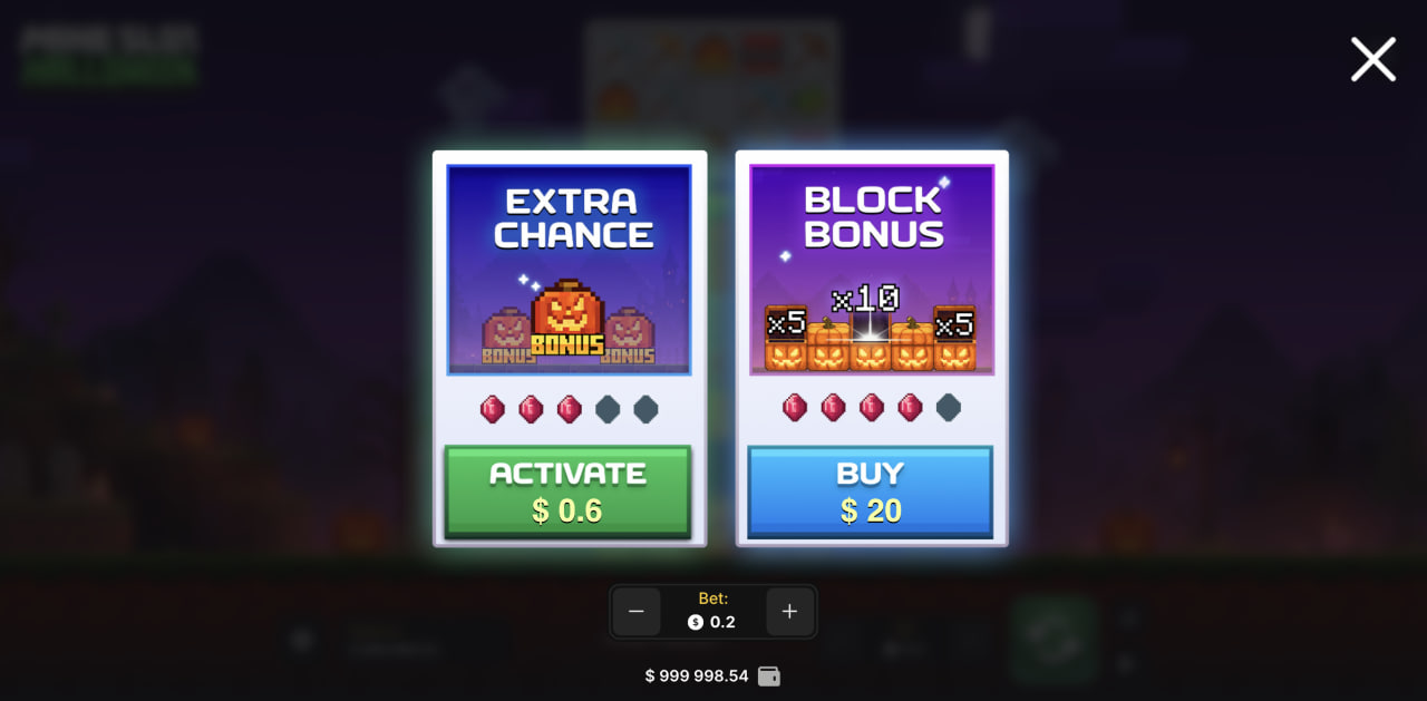 Fenêtre des options Extra Chance et Block Bonus de Mine Slot Halloween version ordinateur
