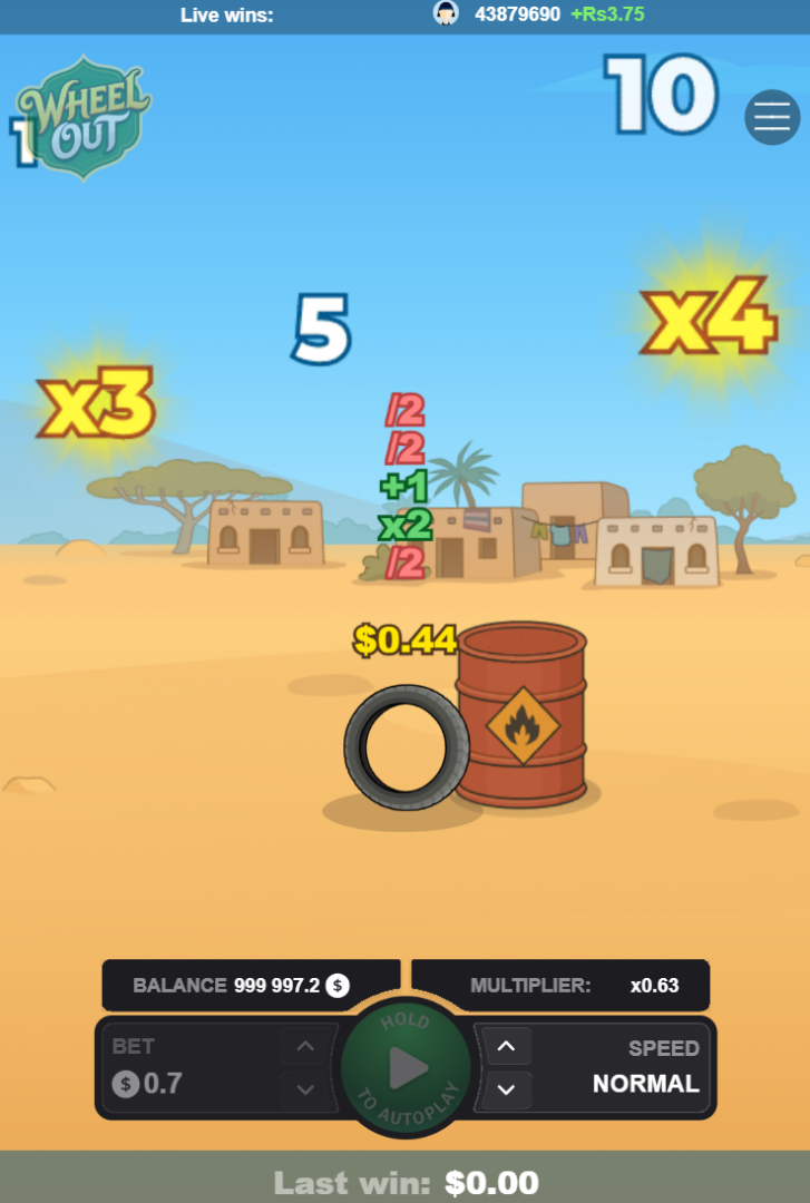 Vue mobile de Wheel Out avec multiplicateurs et baril