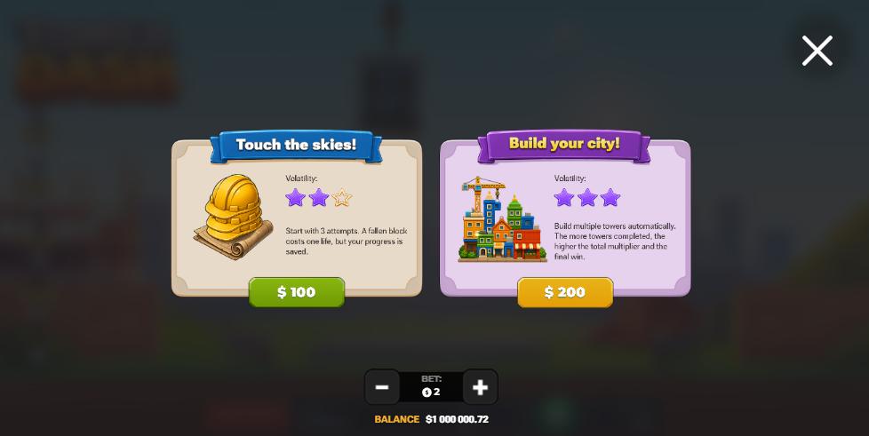 Bonus Buy de Tower Dash avec Touch the skies et Build your city