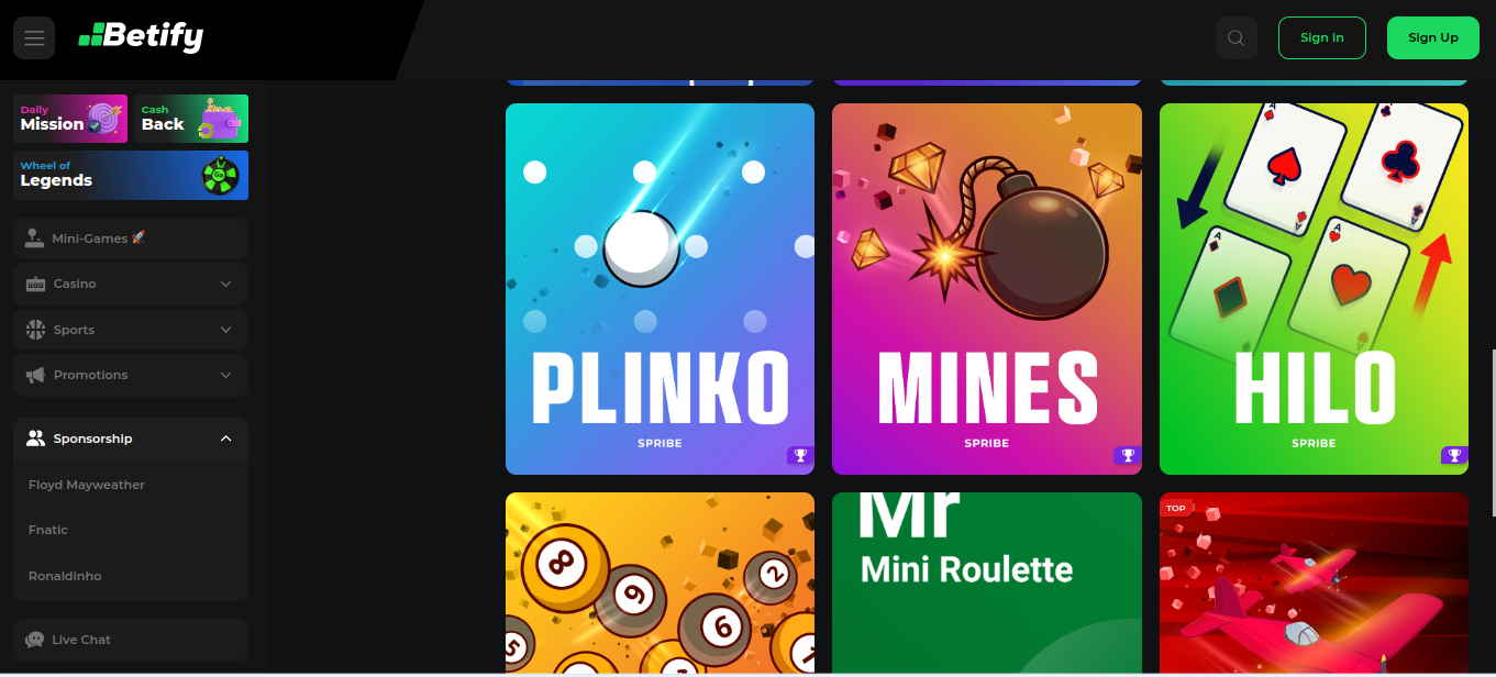 Rubrique mini-jeux de Betify avec Plinko, Mines et Hilo
