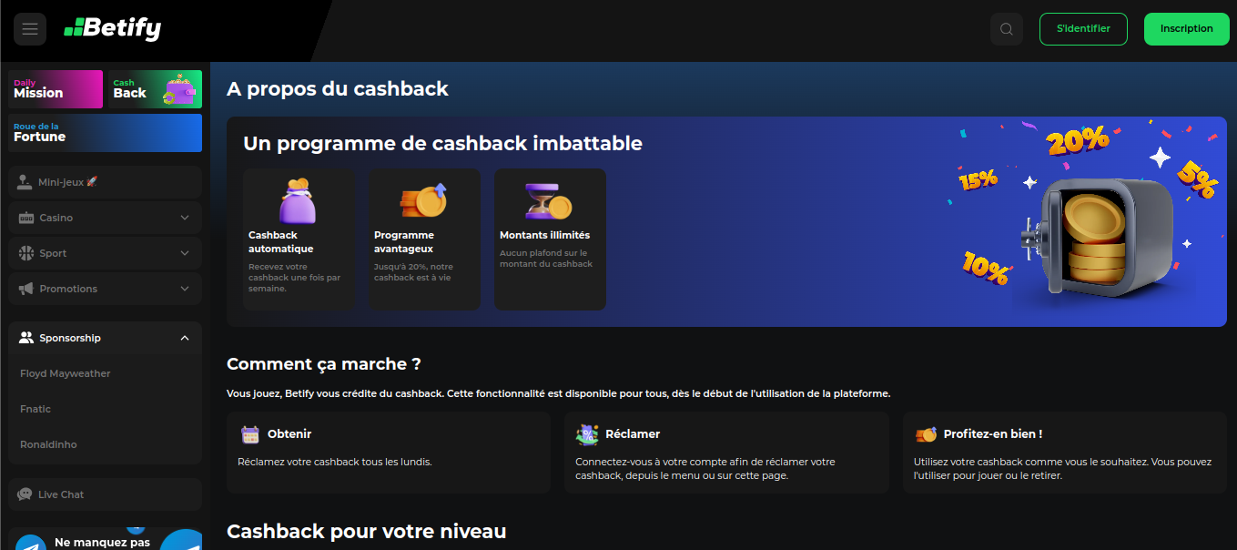 Page du programme de cashback hebdomadaire de Betify
