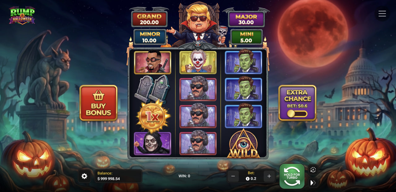 Écran principal de Rump & Halloween avec la grille 3x4, les jackpots et les boutons d'options