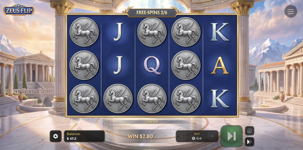 Grille de Zeus Flip en Free Spins avec des pièces Pégase ajoutées par le Coin Flip