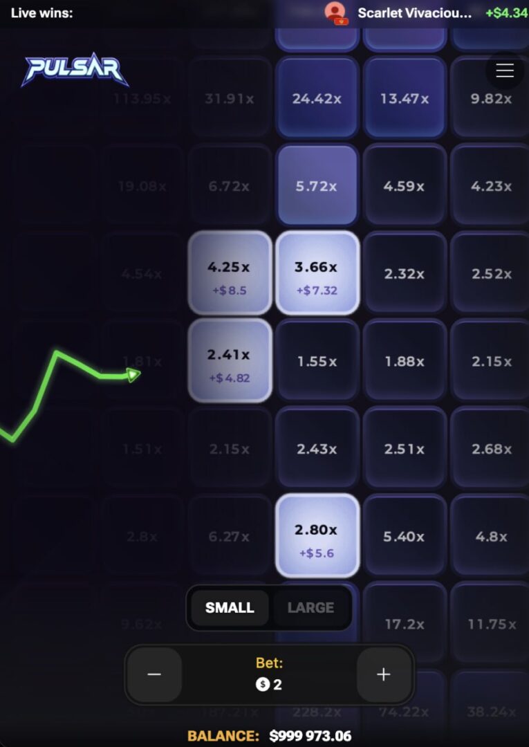 Pulsar app, jeu d'argent mobile, bonus et inscription : trois cases jouées sur téléphone